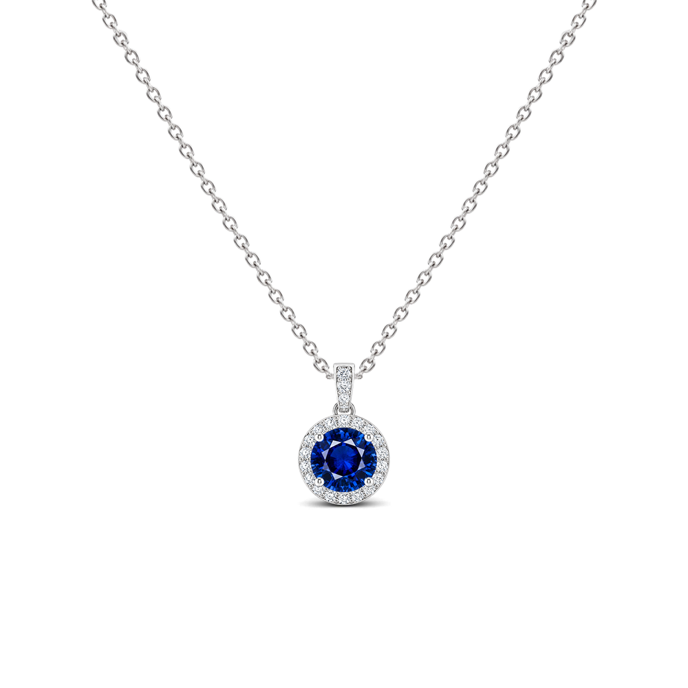 Blue Sapphire Diamond Dangle Halo Necklace, 0.43 ct, 14K White Gold, front view