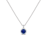 Blue Sapphire Diamond Dangle Halo Necklace, 0.43 ct, 14K White Gold, front view