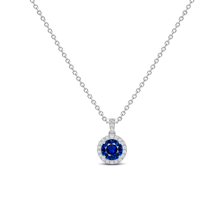 Blue Sapphire Diamond Dangle Halo Necklace, 0.43 ct, 14K White Gold, front view