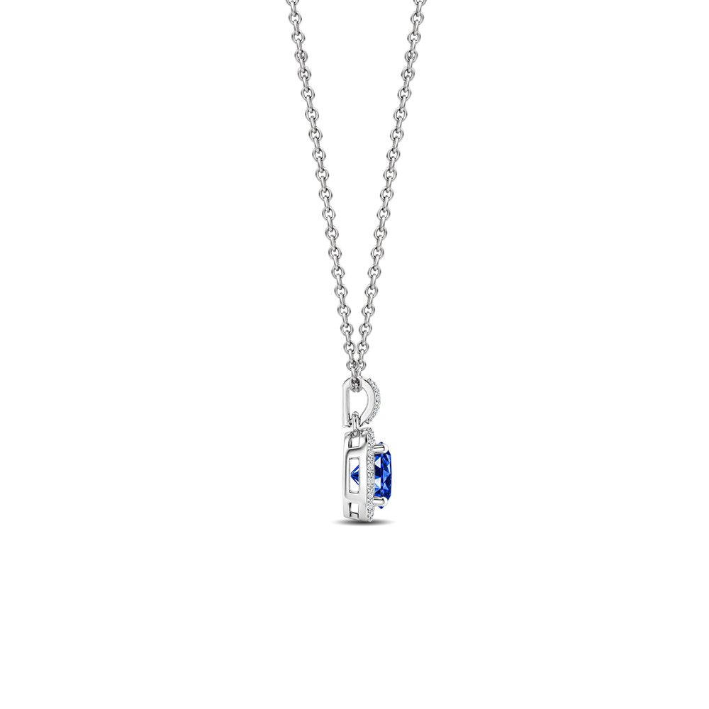 Blue Sapphire Diamond Dangle Halo Necklace, 0.43 ct, 14K White Gold, side view