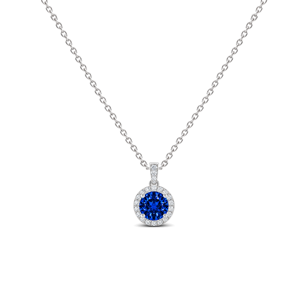 Lab Grown Blue Sapphire Diamond Dangle Halo Necklace, 0.43 ct, 14K White Gold, front view