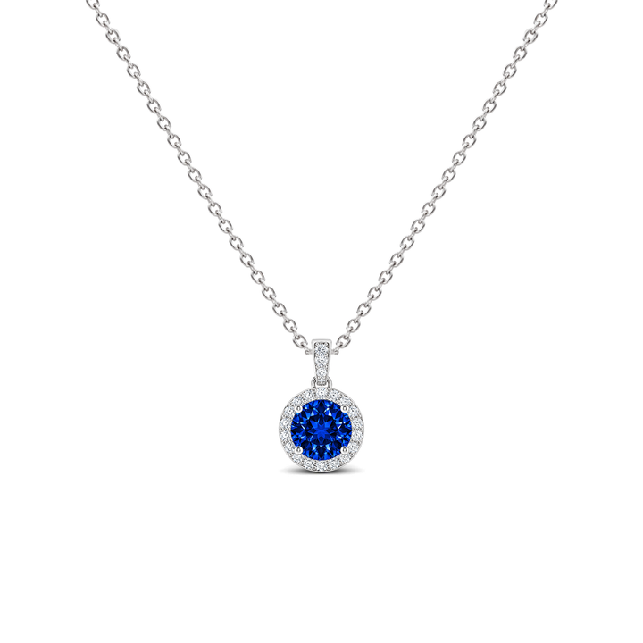 Lab Grown Blue Sapphire Diamond Dangle Halo Necklace, 0.43 ct, 14K White Gold, front view