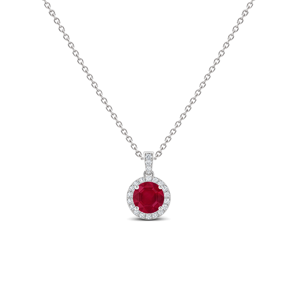 Ruby Diamond Dangle Halo Necklace, 0.44 ct, 14K White Gold, front view