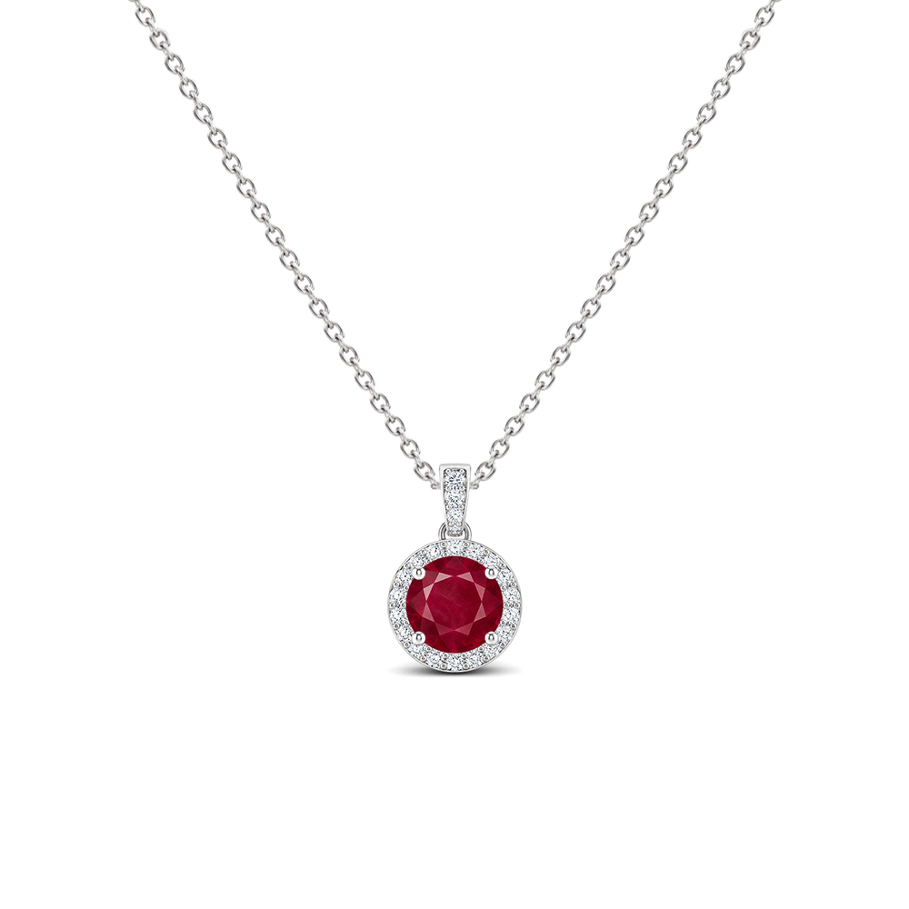Ruby Diamond Dangle Halo Necklace, 0.44 ct, 14K White Gold, front view