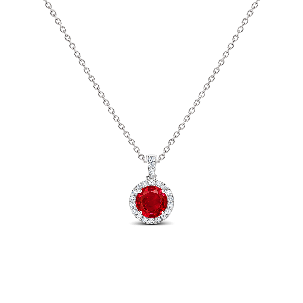Ruby Diamond Dangle Halo Necklace, 0.44 ct, 14K White Gold, front view