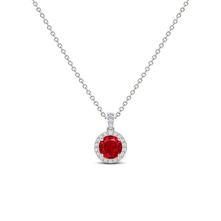 Ruby Diamond Dangle Halo Necklace, 0.44 ct, 14K White Gold, front view