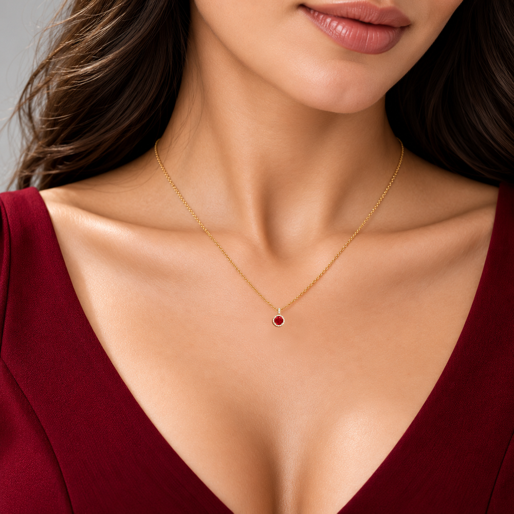 Ruby Diamond Dangle Halo Necklace, 0.44 ct, 14K White Gold, worn on model