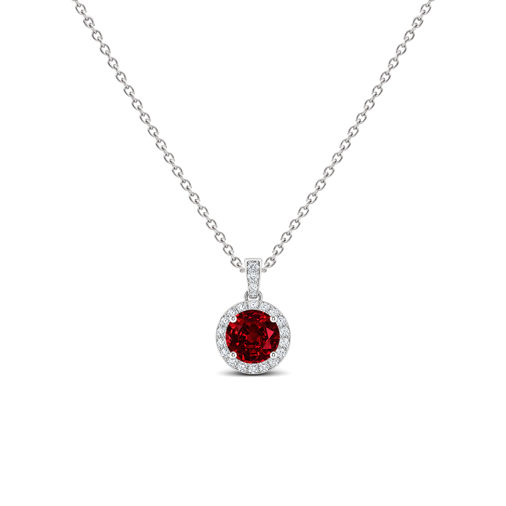 Ruby Diamond Dangle Halo Necklace, 0.44 ct, 14K White Gold, front view