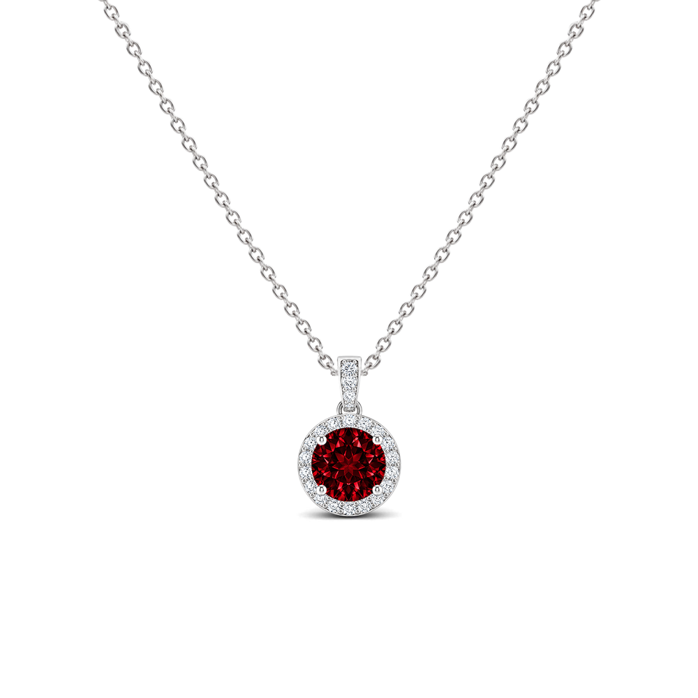 Lab Grown Ruby Diamond Dangle Halo Necklace, 0.44 ct, 14K White Gold, front view