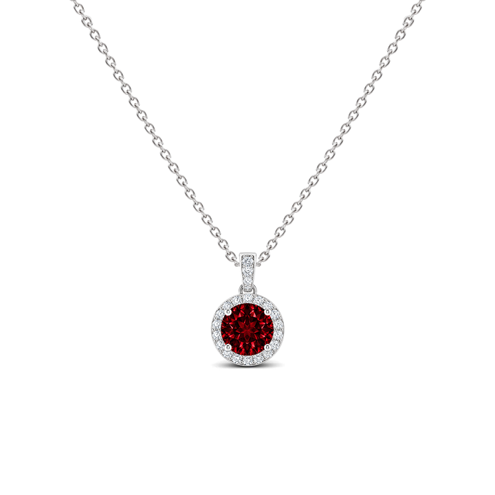 Lab Grown Ruby Diamond Dangle Halo Necklace, 0.44 ct, 14K White Gold, front view