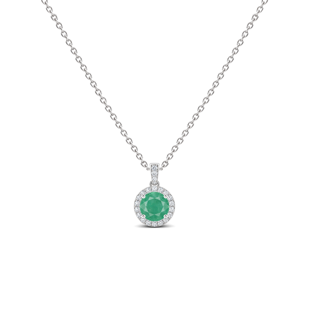 Emerald Diamond Dangle Halo Necklace, 0.34 ct, 14K White Gold, front view