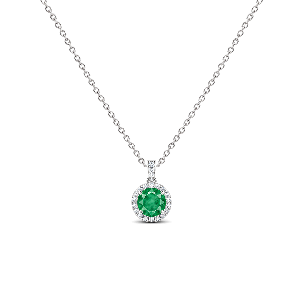 Emerald Diamond Dangle Halo Necklace, 0.34 ct, 14K White Gold, front view