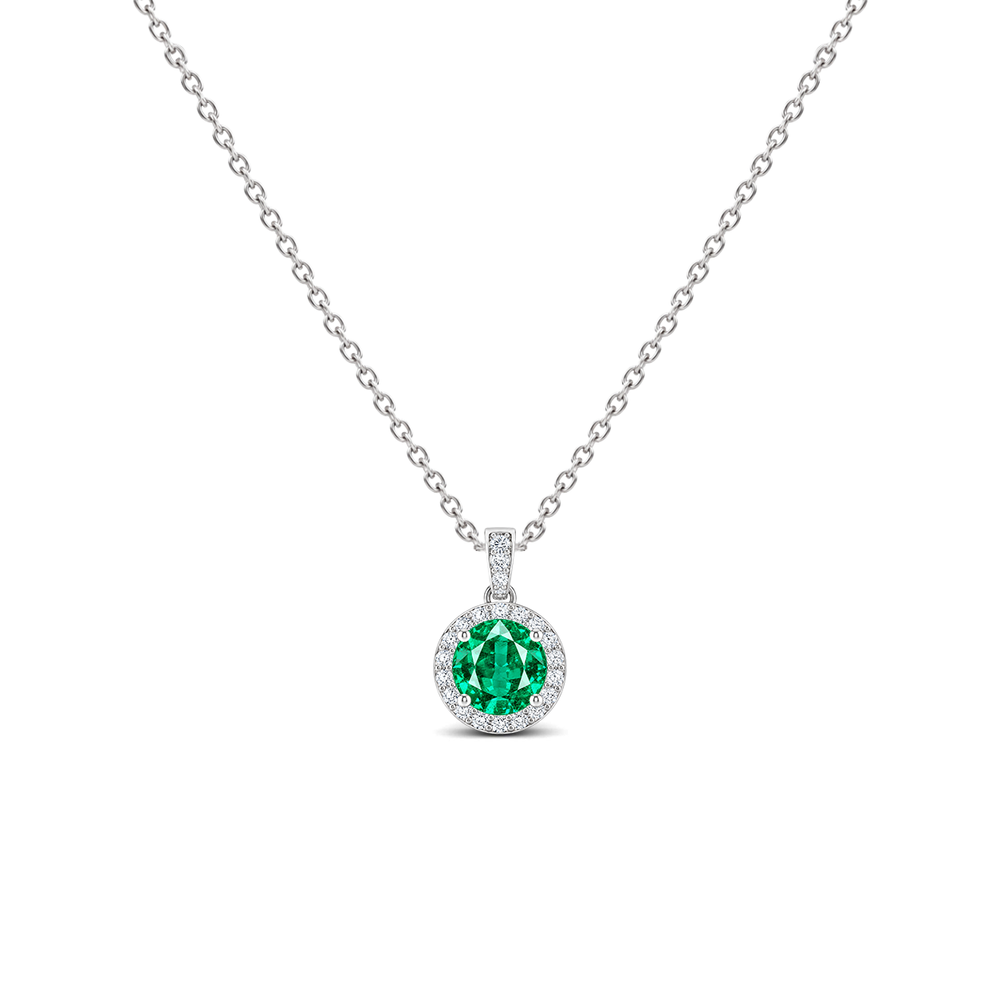 Emerald Diamond Dangle Halo Necklace, 0.34 ct, 14K White Gold, front view