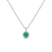 Emerald Diamond Dangle Halo Necklace, 0.34 ct, 14K White Gold, front view