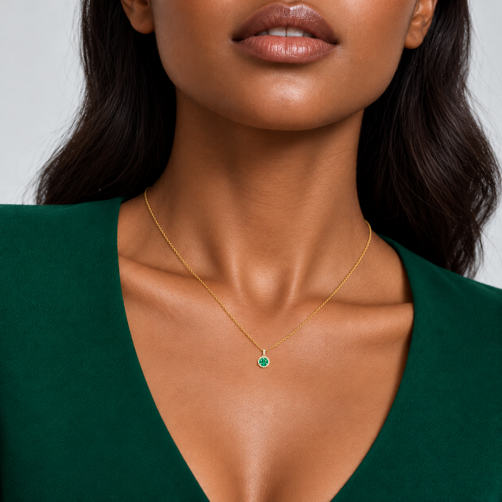 Emerald Diamond Dangle Halo Necklace, 0.34 ct, 14K White Gold, worn on model