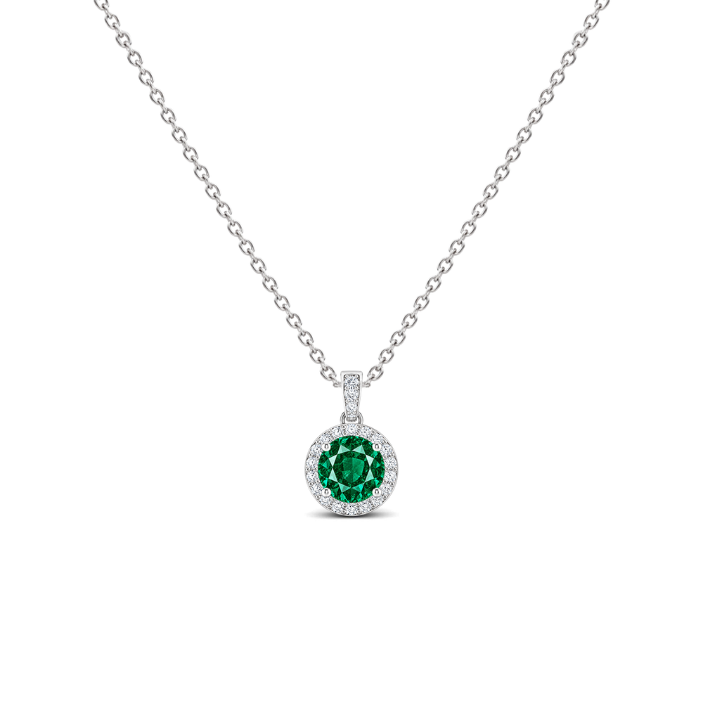 Emerald Diamond Dangle Halo Necklace, 0.34 ct, 14K White Gold, front view