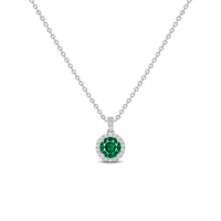 Emerald Diamond Dangle Halo Necklace, 0.34 ct, 14K White Gold, front view