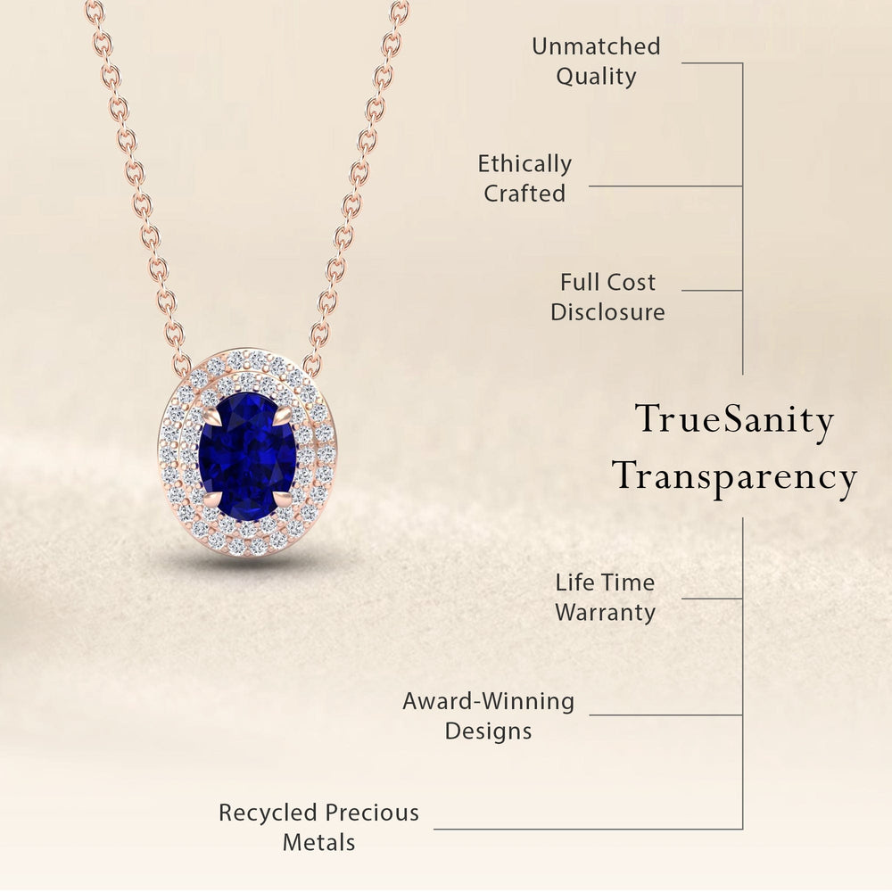 Lab Grown Blue Sapphire & Diamond Double Halo Necklace - Abril