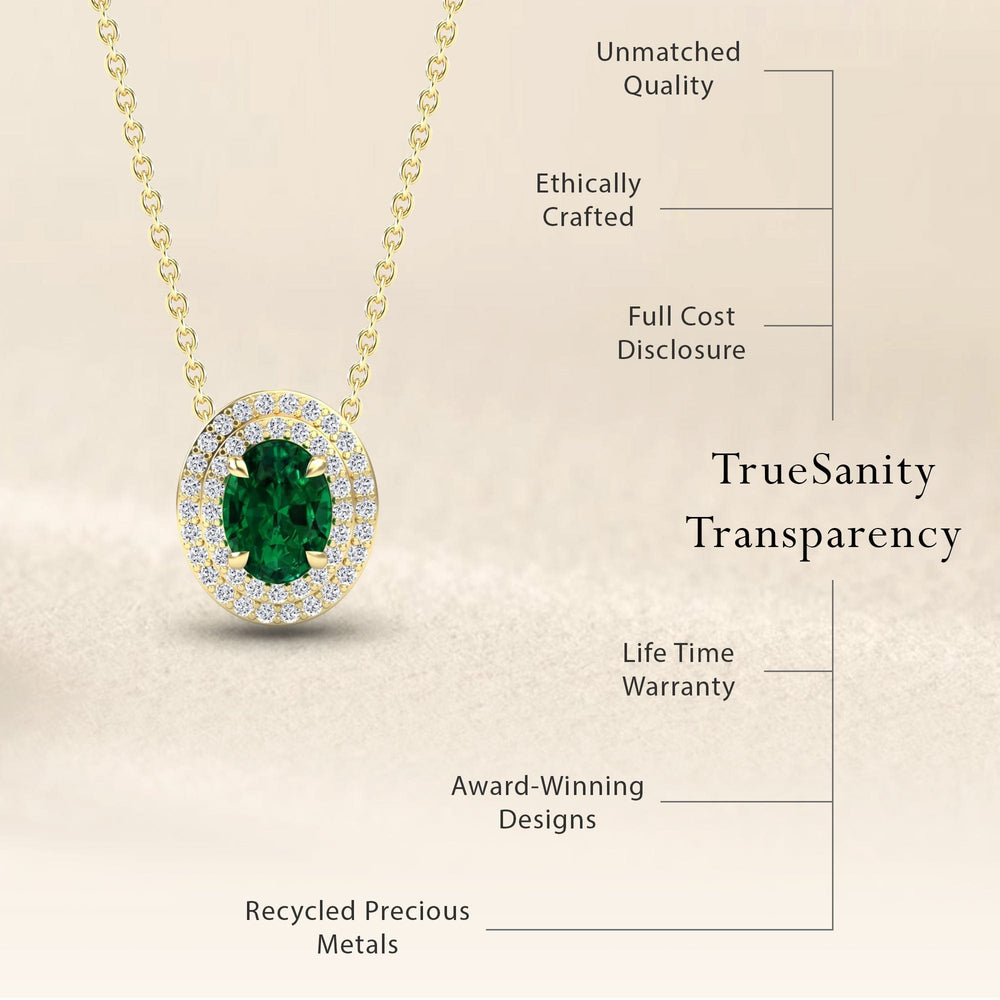 Oval lab-grown emerald and diamond double halo necklace, view 7