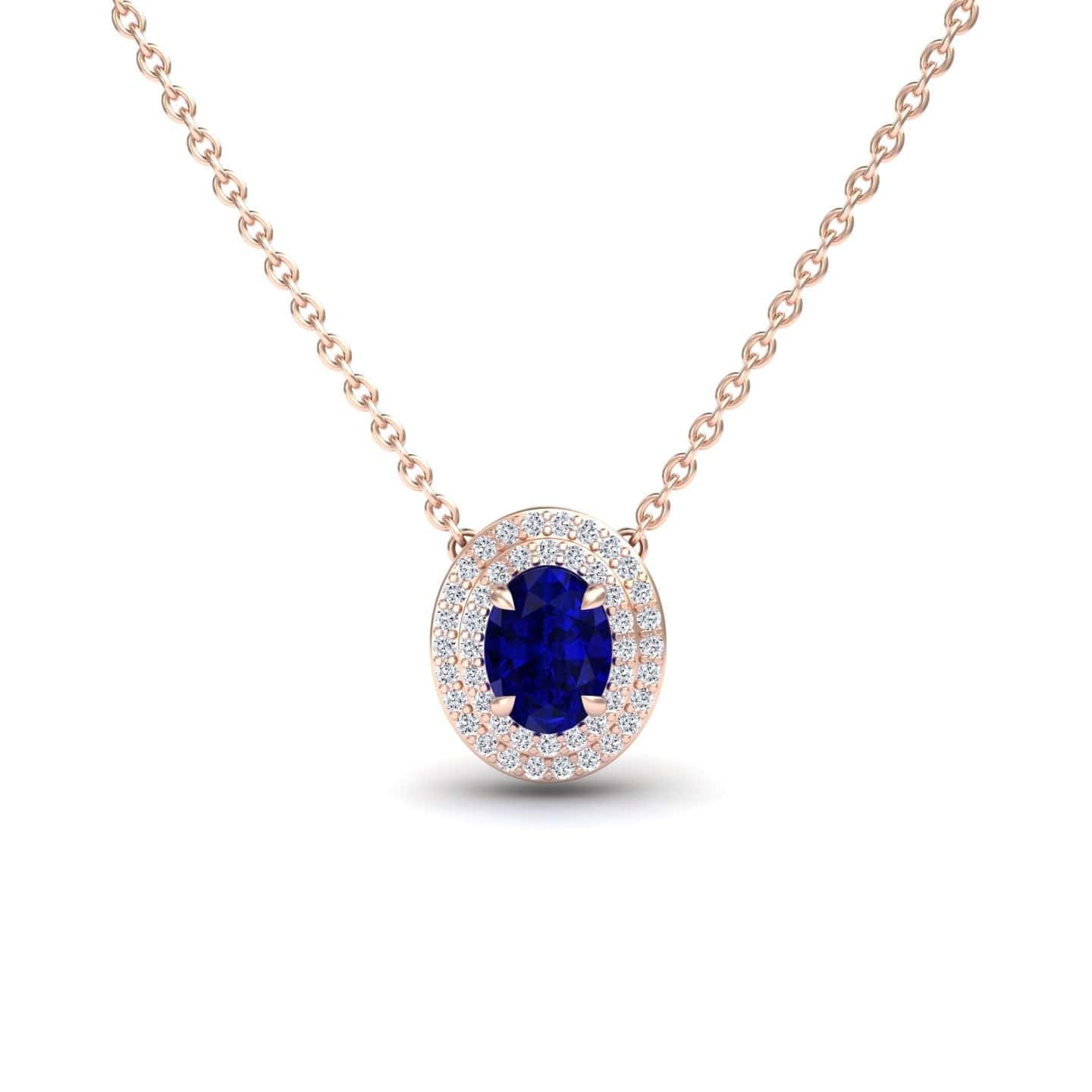 Lab Grown Blue Sapphire & Diamond Double Halo Necklace - Abril