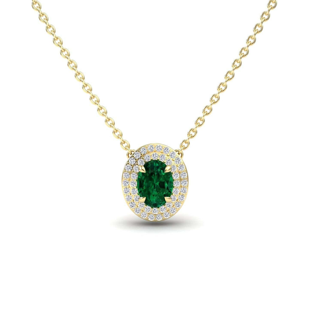 Oval lab-grown emerald and diamond double halo necklace in 18k yellow gold