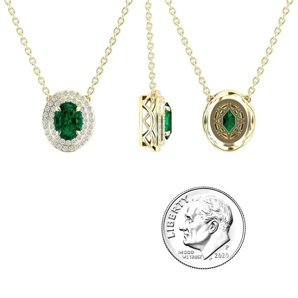 Oval lab-grown emerald and diamond double halo necklace in 18k yellow gold, view 3