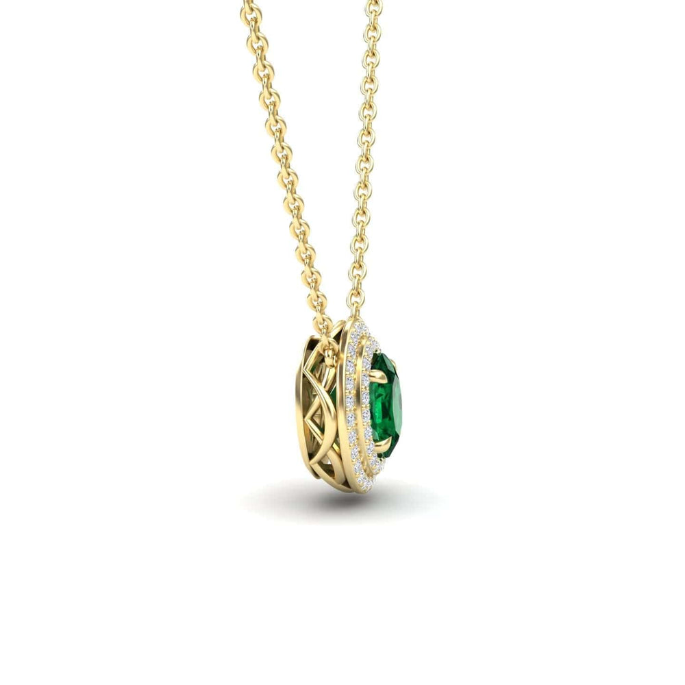 Oval lab-grown emerald and diamond double halo necklace in 18k yellow gold, view 2