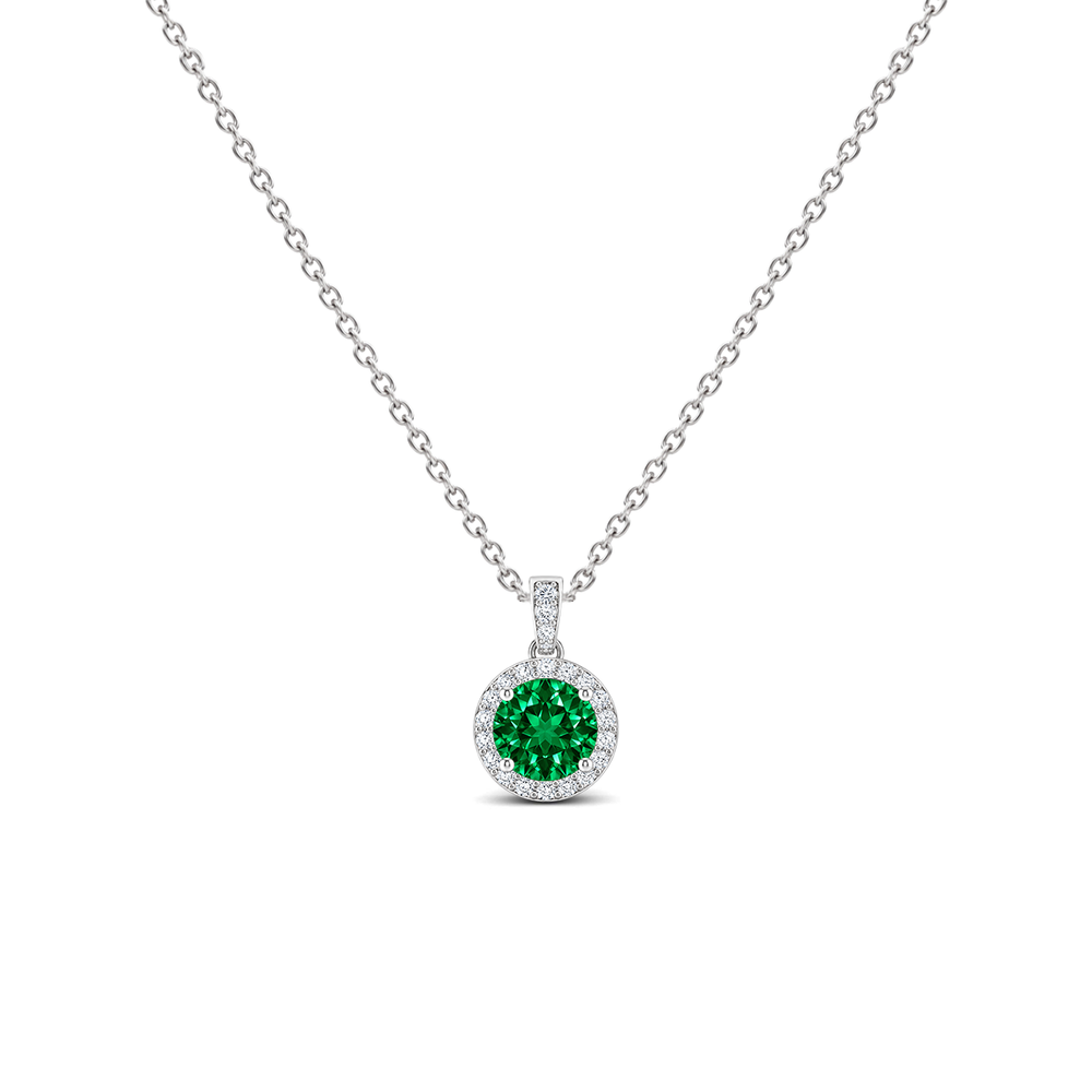 Lab Grown Emerald Diamond Dangle Halo Necklace, 0.34 ct, 14K White Gold, front view