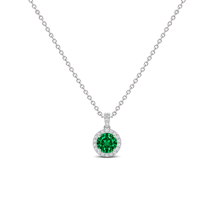 Round lab-grown emerald and diamond dangle halo necklace in 14k white gold