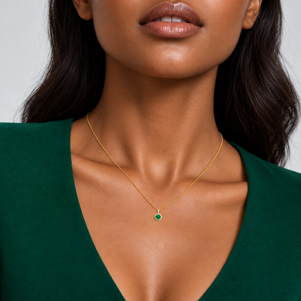 Lab Grown Emerald Diamond Dangle Halo Necklace, 0.34 ct, 14K White Gold, worn on model