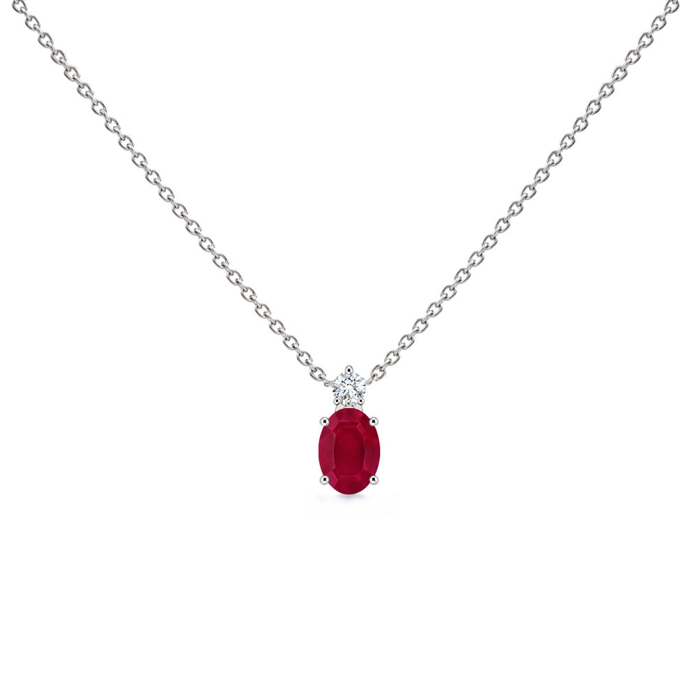Ruby and diamond oval solitaire necklace in 14k white gold