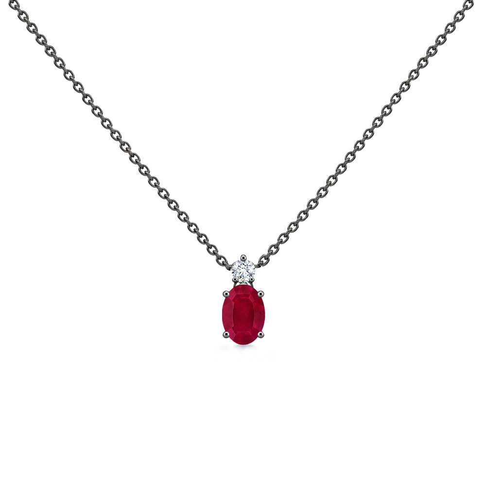 Ruby and diamond oval solitaire necklace in 14k blackened gold, view 5