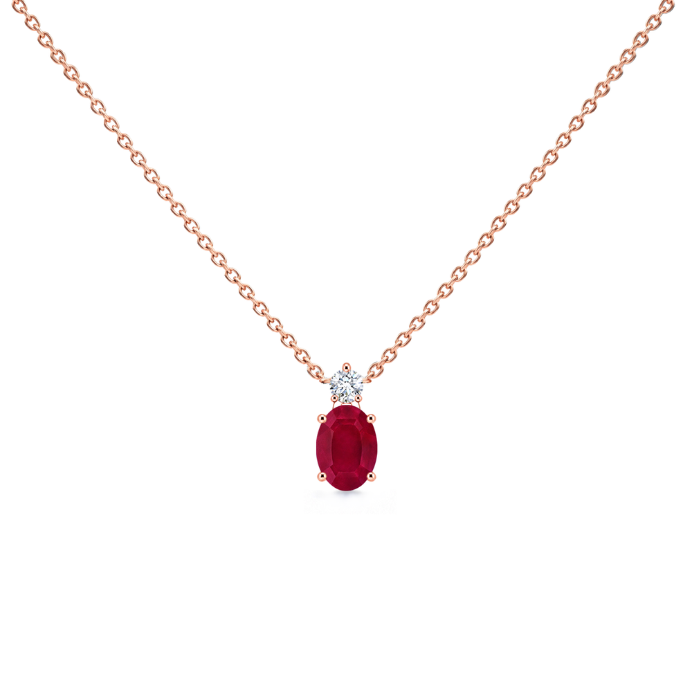 Ruby and diamond oval solitaire necklace in 14k rose gold, view 4