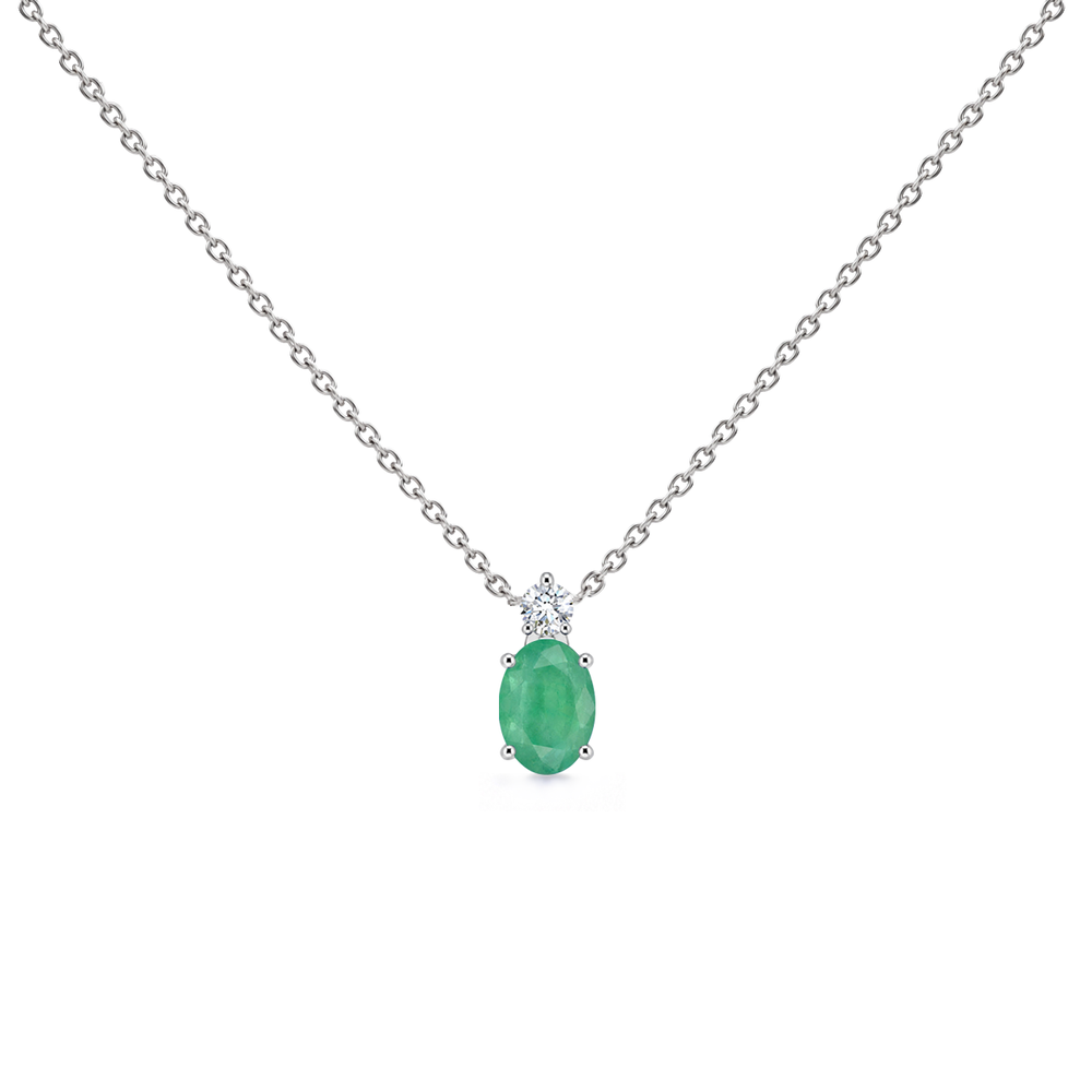 Emerald and diamond oval solitaire necklace in 14k white gold