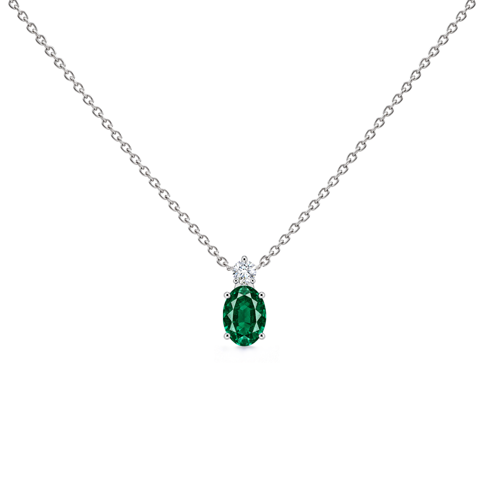 Emerald and diamond oval solitaire necklace in 14k white gold