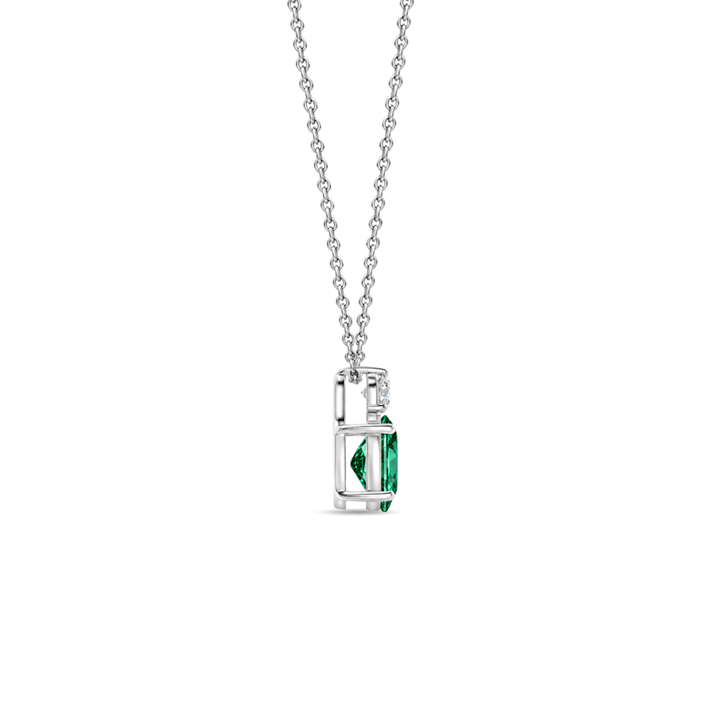 Emerald and diamond oval solitaire necklace in 14k white gold, view 2