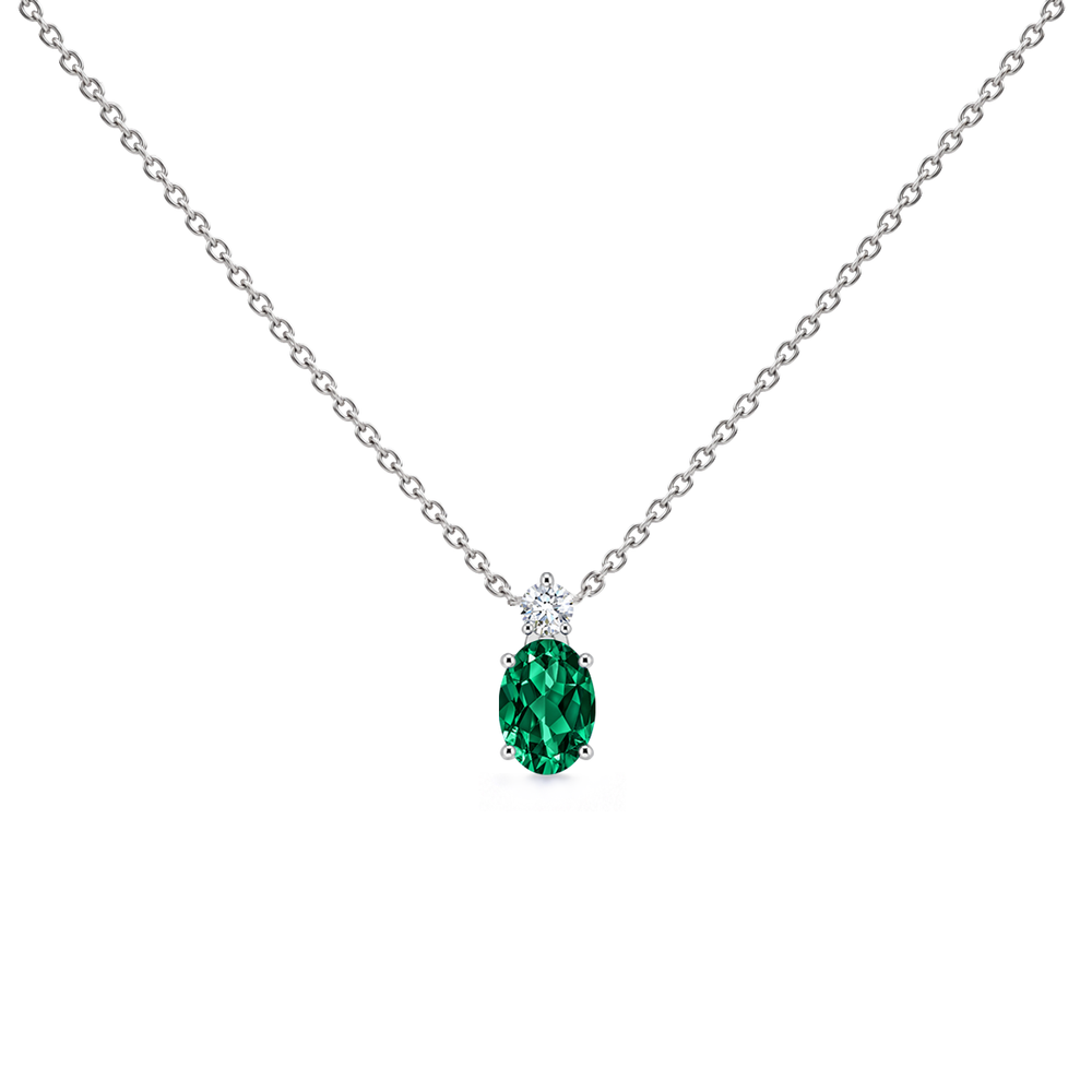 Lab-grown emerald and diamond oval solitaire necklace in 14k white gold