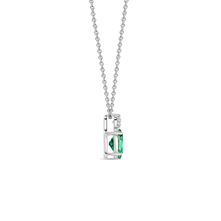 Lab-grown emerald and diamond oval solitaire necklace in 14k white gold, view 2