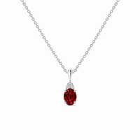Lab Grown Ruby Trio Diamond Oval Solitaire Necklace, 0.65 ct, 14K White Gold, front view