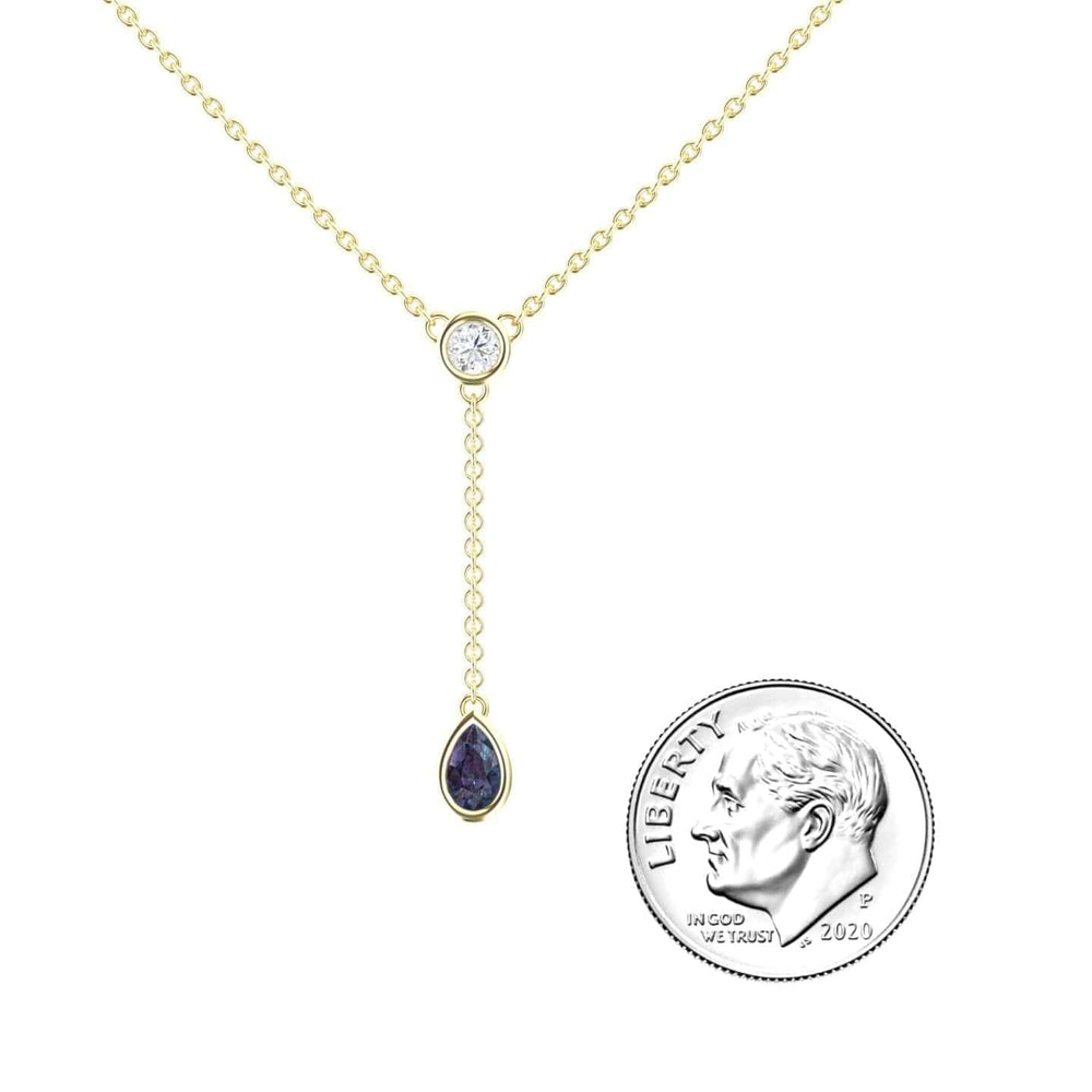 Pear lab-grown alexandrite and diamond elegant drop necklace in 18k yellow gold, view 3