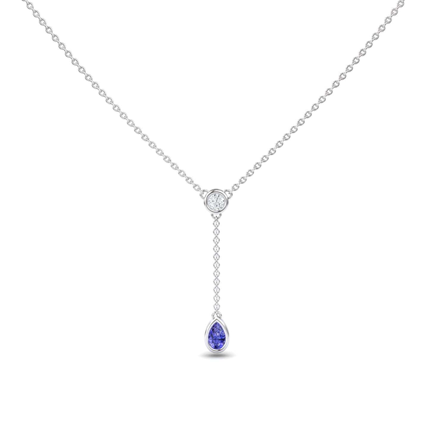 The Tanzanite & Diamond Elegant Drop Necklace - Daniela features a minimalist silver chain with a central round diamond and a short drop ending in a pear-shaped tanzanite gemstone pendant, offering an elegant and refined look.