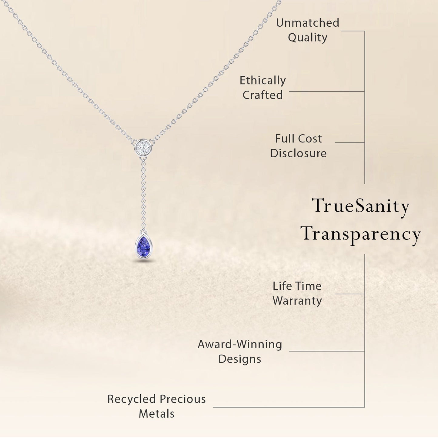 The Tanzanite & Diamond Elegant Drop Necklace - Daniela is shown on a soft beige background, with text highlighting unmatched quality, ethical crafting, cost transparency, lifetime warranty, award-winning design, and recycled metals.