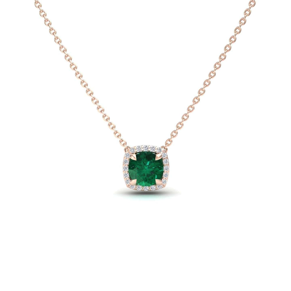 Round lab-grown emerald and diamond halo necklace in 14k rose gold