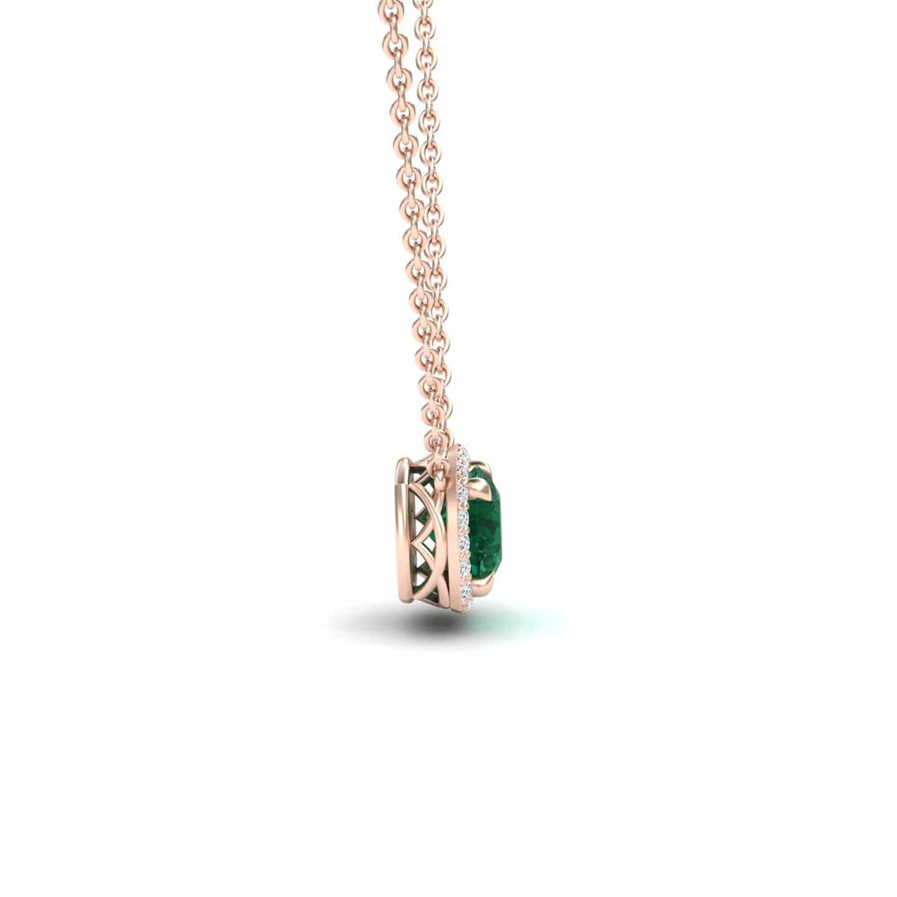 Round lab-grown emerald and diamond halo necklace in 14k rose gold, view 2