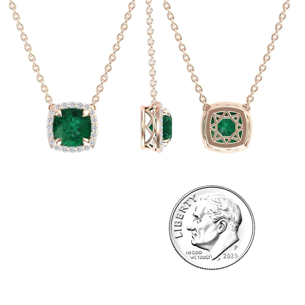 Round lab-grown emerald and diamond halo necklace in 14k rose gold, view 3