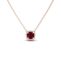 Lab grown ruby and diamond halo necklace