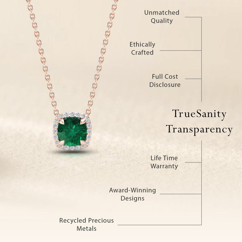 Round lab-grown emerald and diamond halo necklace, view 7