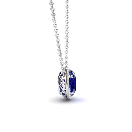 Lab Grown Blue Sapphire & Diamond Halo Necklace - Fabiola