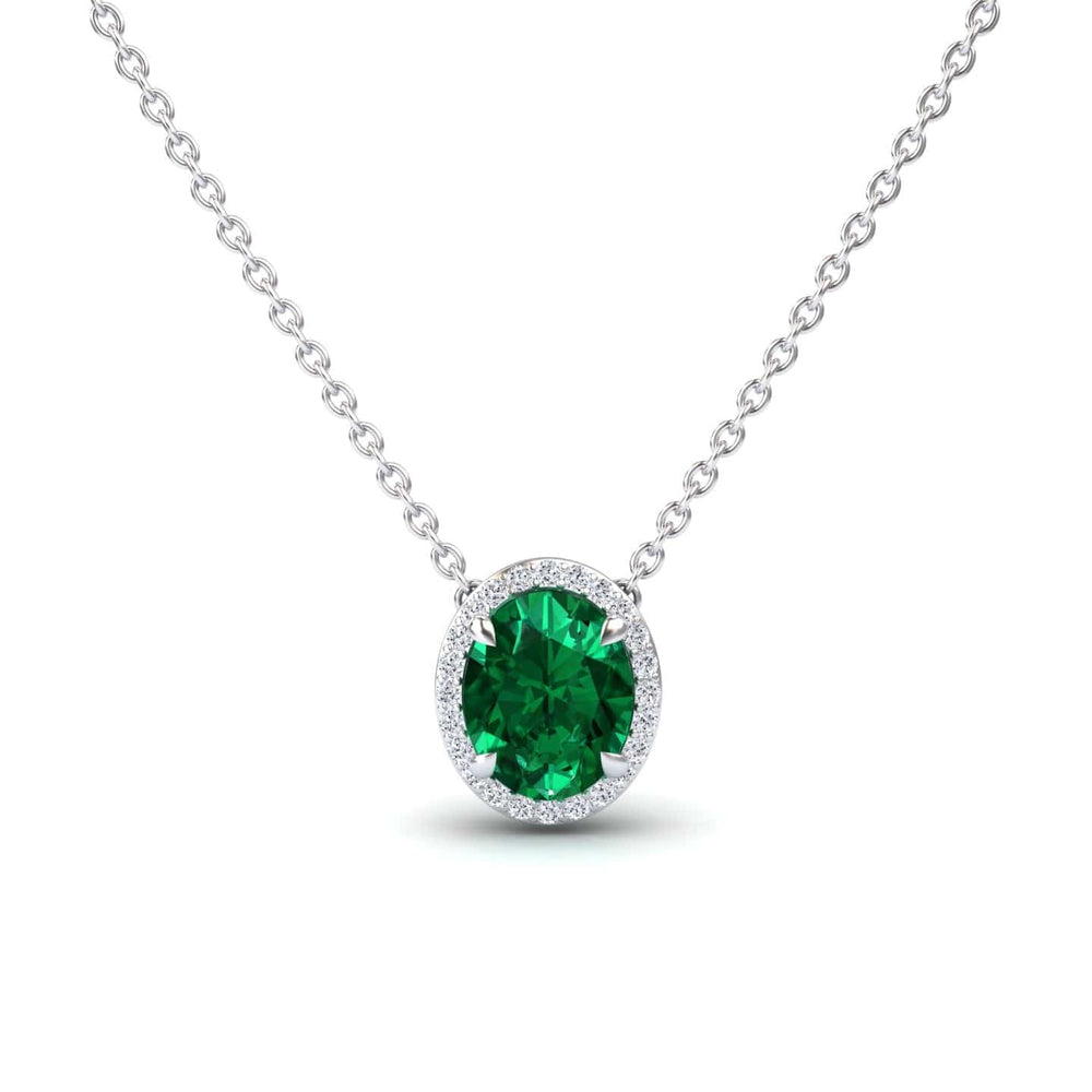 Oval lab-grown emerald and diamond halo necklace in 14k white gold