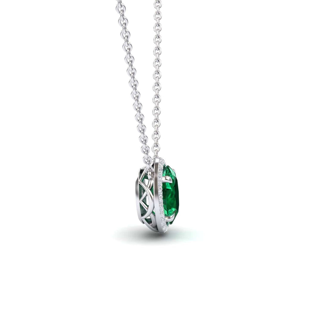 Oval lab-grown emerald and diamond halo necklace in 14k white gold, view 2